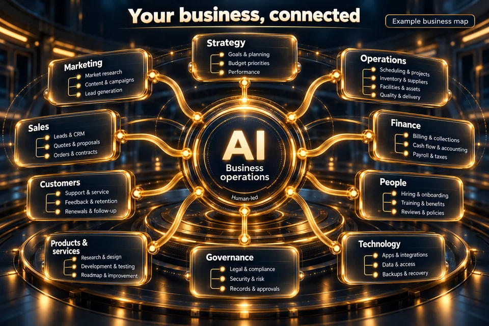 Concept rendering of a human-led AI business map connecting strategy, marketing, sales, customers, products and services, operations, finance, people, technology, and governance