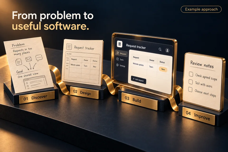 Concept rendering of Discover, Design, Build, and Improve stages linked by a gold ribbon, showing a problem note, wireframe, example request tracker, and review checklist