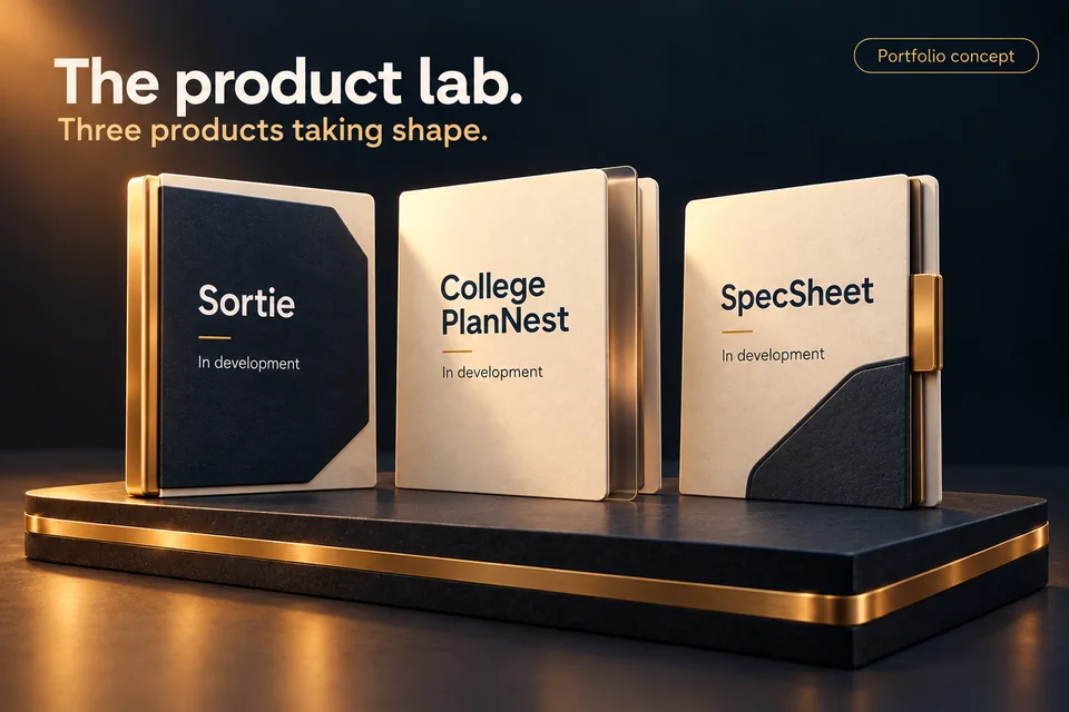 Concept rendering of three product folios named Sortie, College PlanNest, and SpecSheet, each marked In development on a shared brass-banded display base