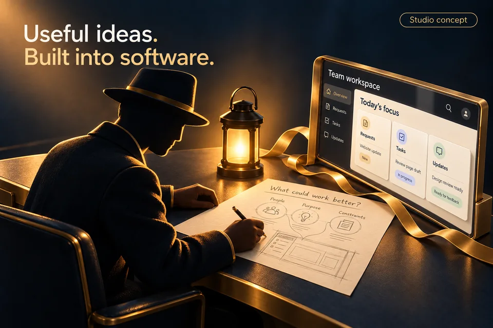 Concept rendering of a logo-inspired inventor sketching at a desk by lantern light, with a gold ribbon connecting the idea to an example software workspace
