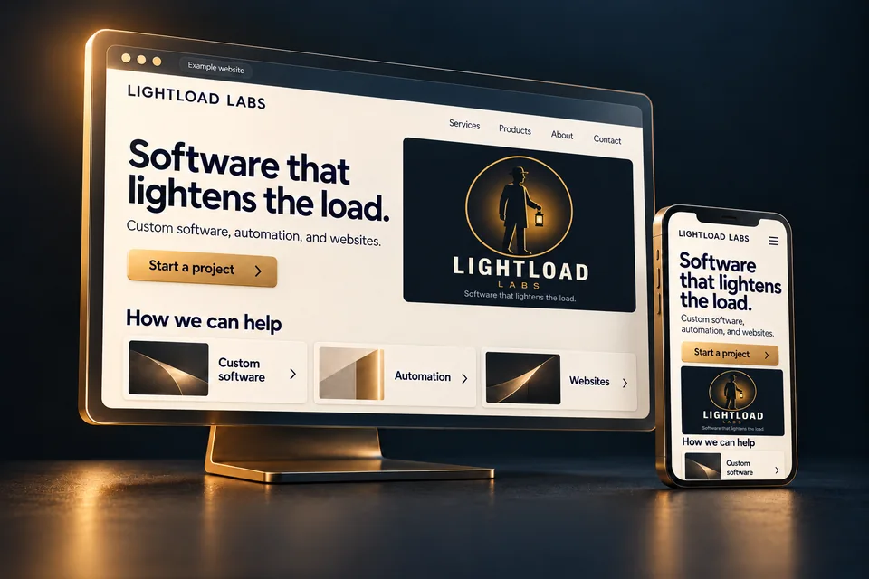 Concept rendering of a Lightload Labs example website on desktop and mobile, showing the company logo, services, and a Start a project action